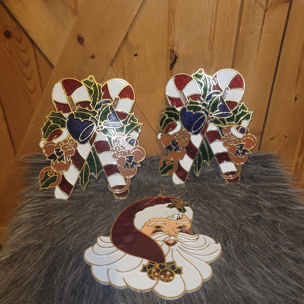 Vintage Giftco Inc.  Christmas sun catcher Lot Of 3 Santa / Candy Canes Plastic